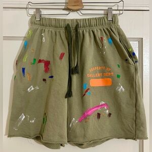 Gallery Dept. Army Green Terry Cotton Sweat Shorts w/Paint Splatter